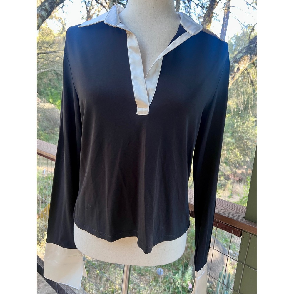 INC International Concepts Petite Black White Colorblock V-Neck Top PL